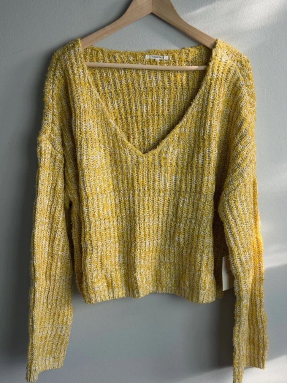 Tularosa Dakota V-Neck Knit Sweater Yellow White Marled Metallic Size Large Wm’s